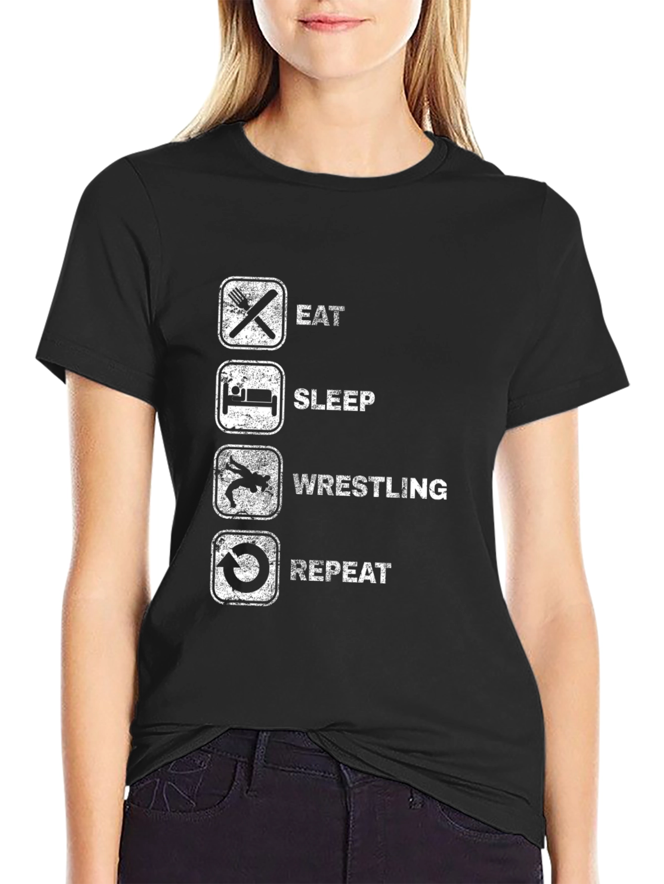 Eat Sleep Wrestling Repeat Black Graphic Tee