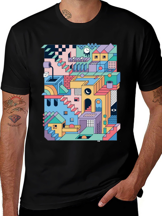 Geometric Illusion Print Black T-Shirt