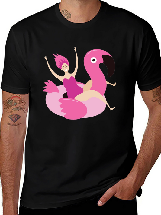 Black T-Shirt with Flamingo Float Graphic