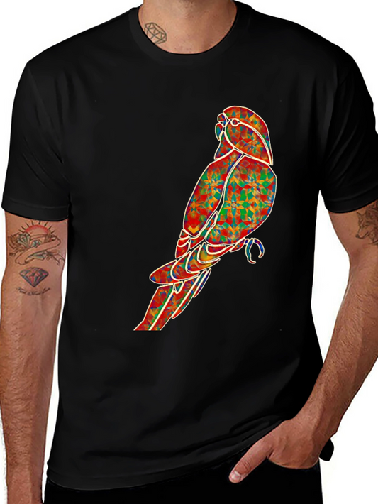 Geometric Parrot Graphic Tee - Black Cotton T-Shirt