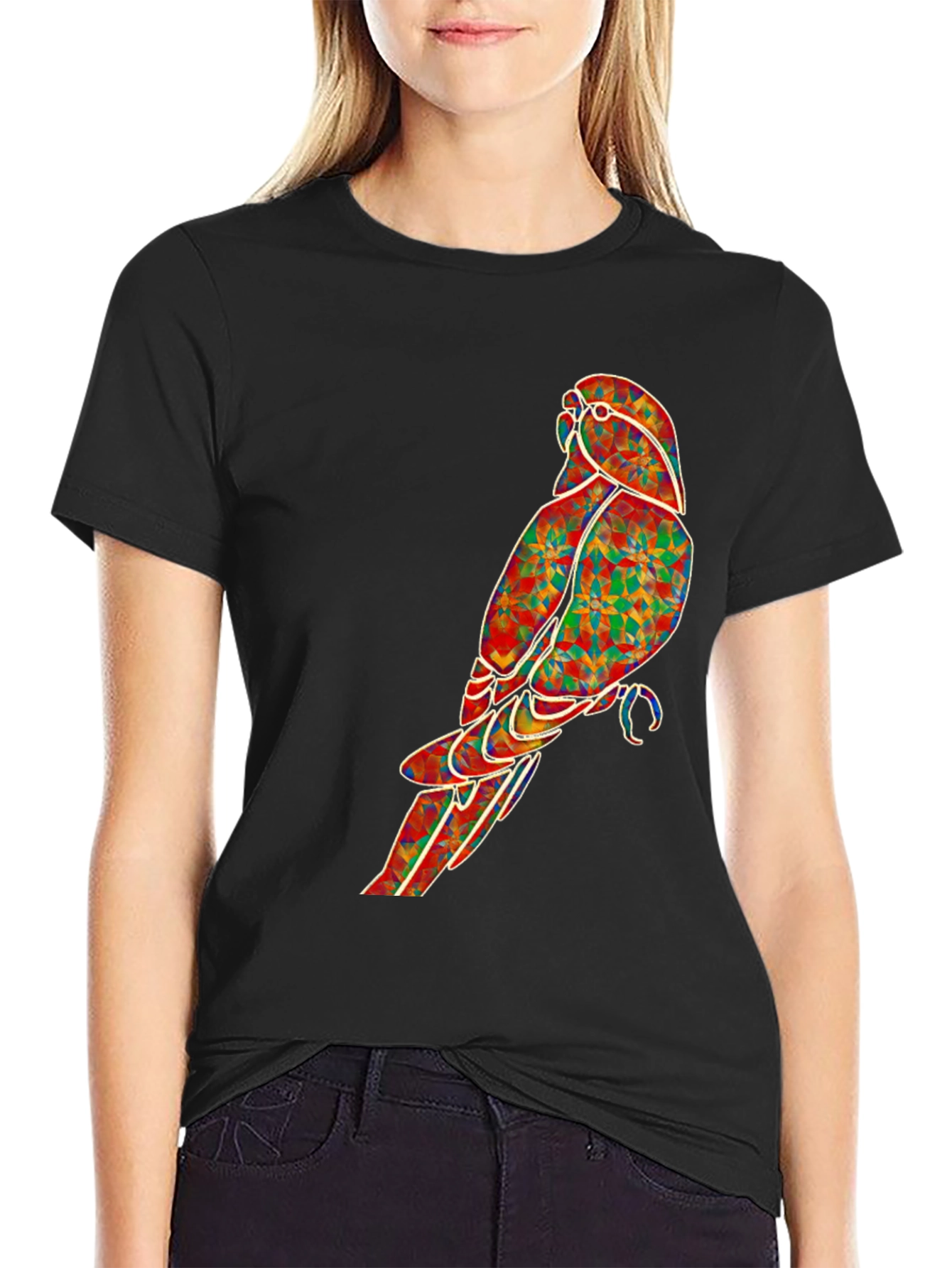 Geometric Parrot Graphic Tee - Black Cotton T-Shirt