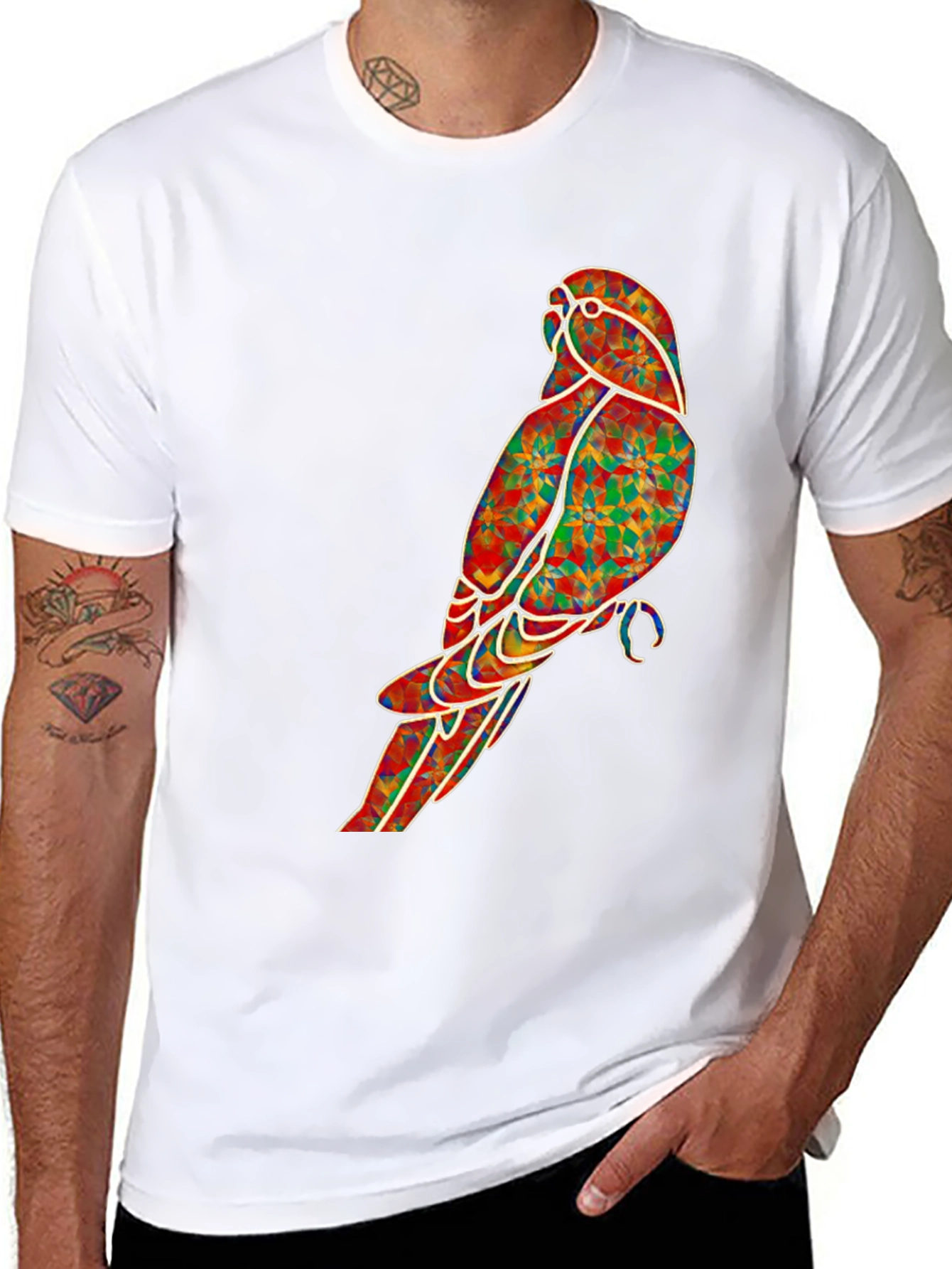 Geometric Parrot Graphic Tee - Black Cotton T-Shirt