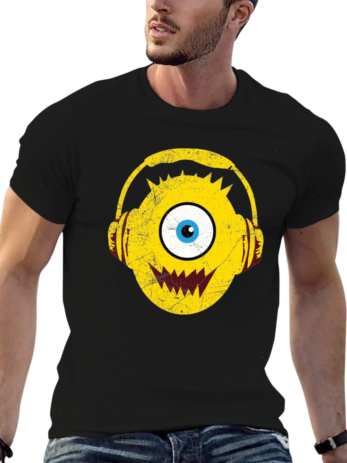 Monster with Headphones Black T-Shirt