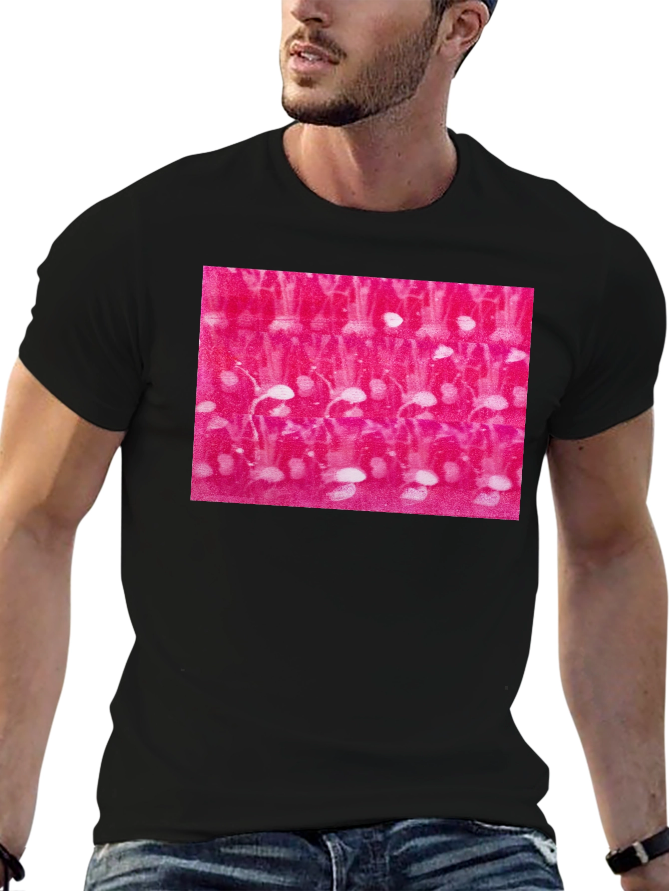Abstract Pink and White Pattern Black T-Shirt