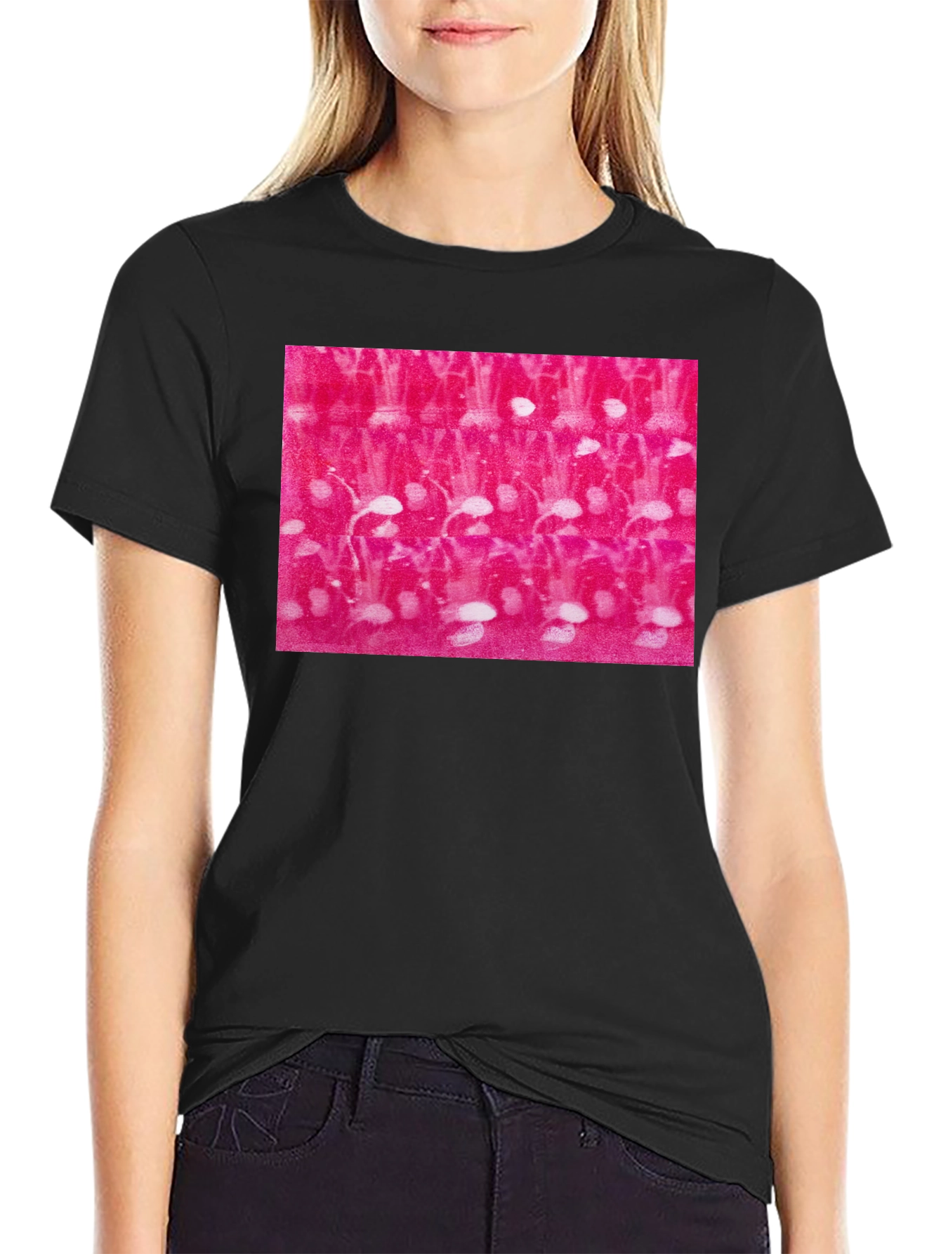 Abstract Pink and White Pattern Black T-Shirt