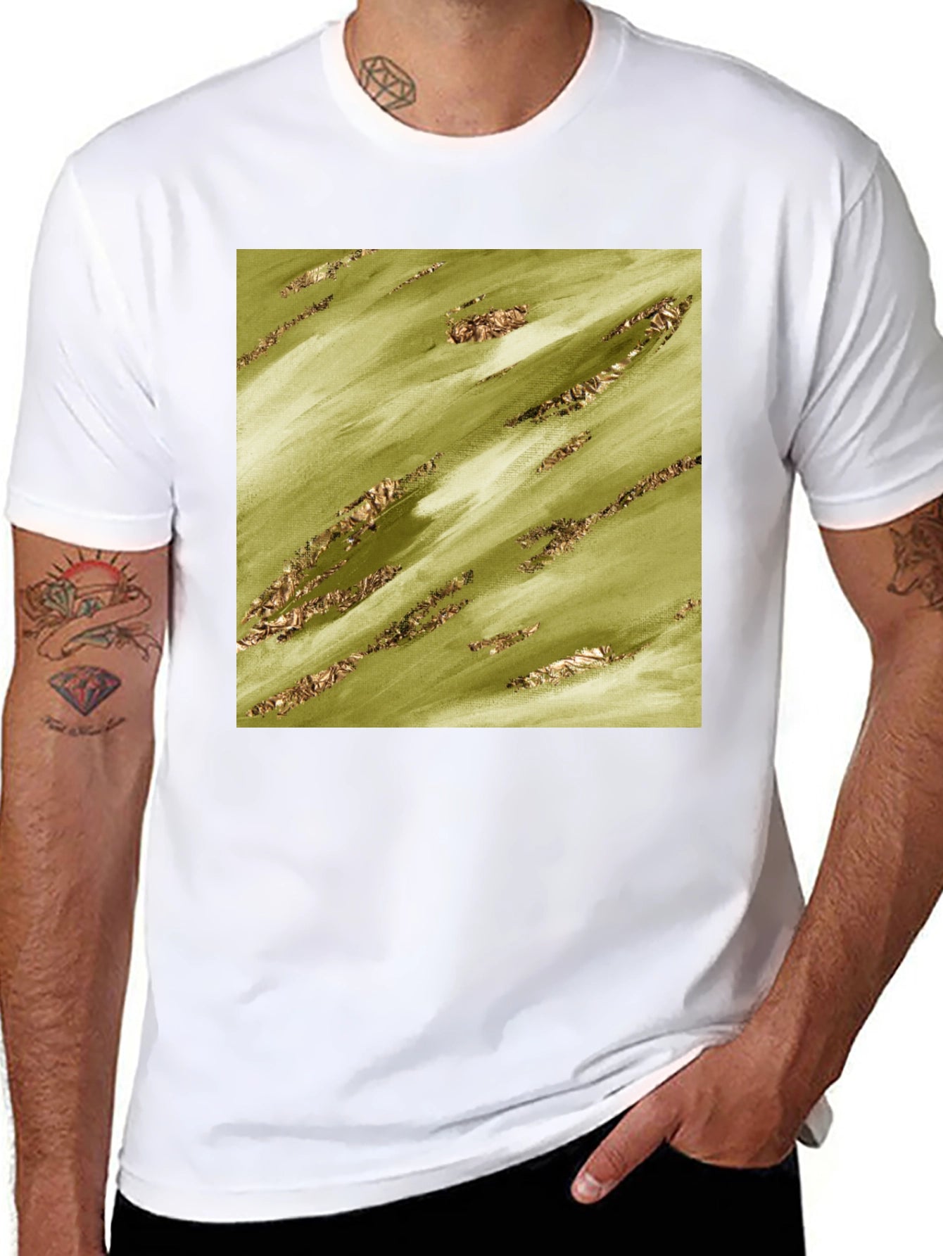 Olive Green Gold Streak Pattern Tee