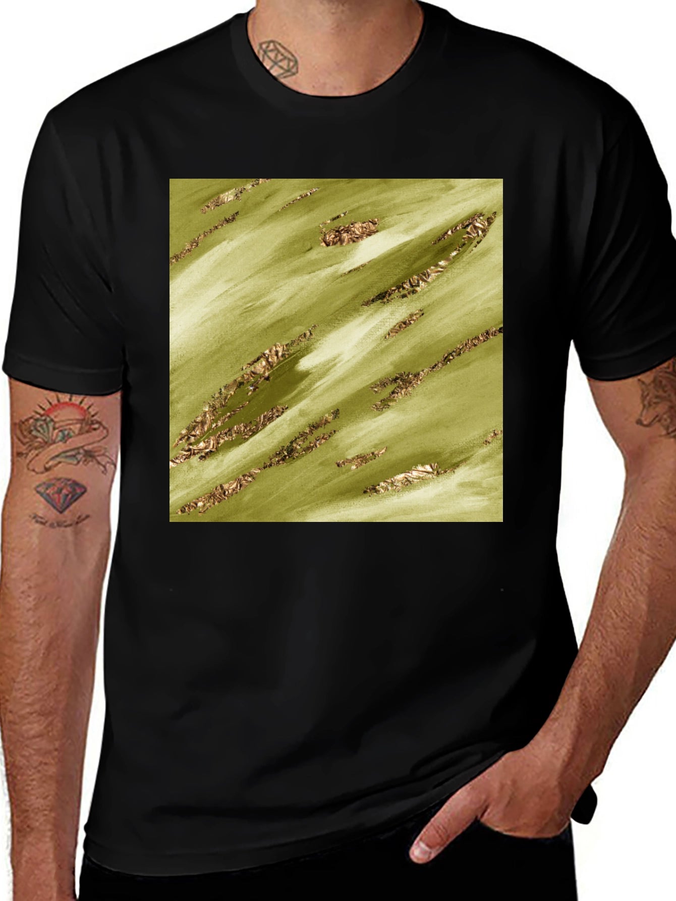 Olive Green Gold Streak Pattern Tee