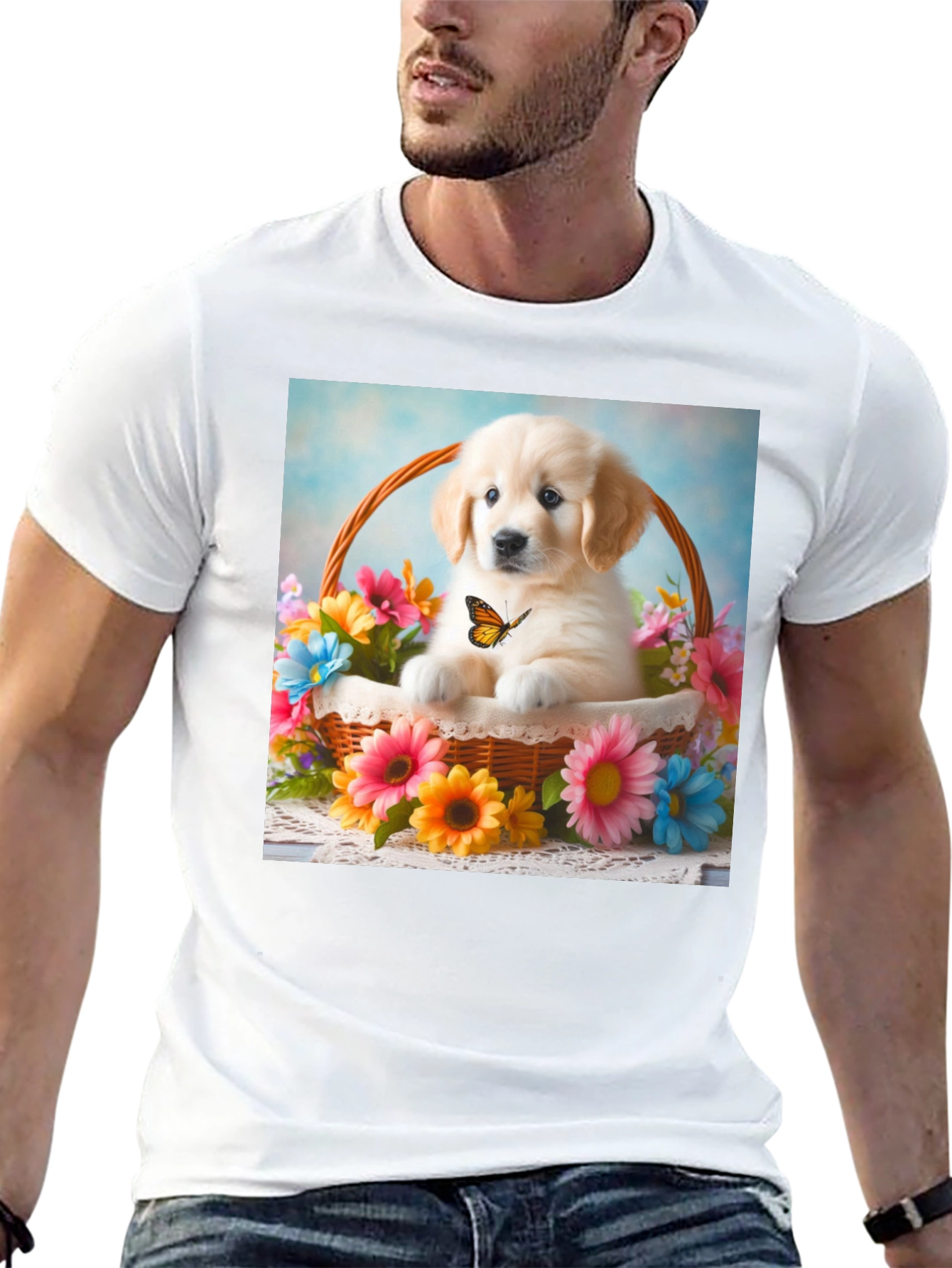 Golden Retriever Puppy in Basket T-Shirt