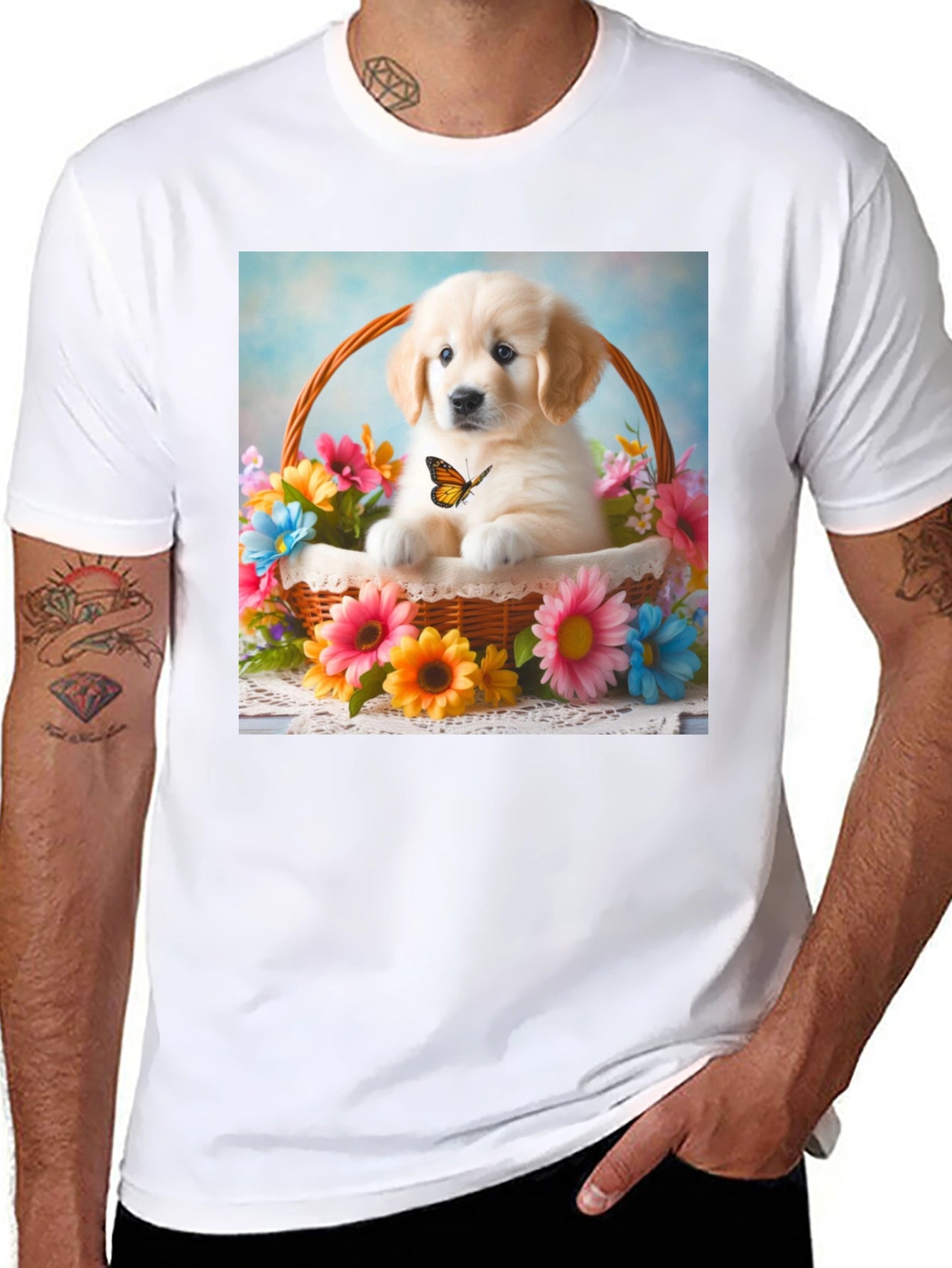Golden Retriever Puppy in Basket T-Shirt