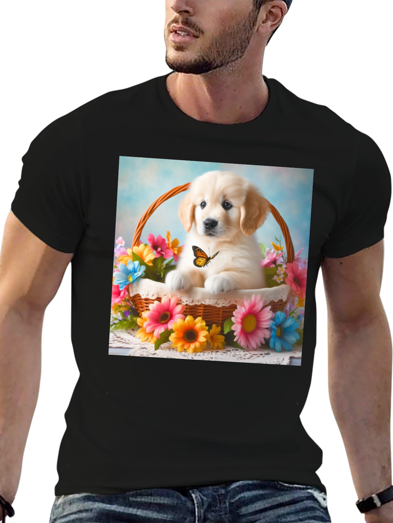 Golden Retriever Puppy in Basket T-Shirt