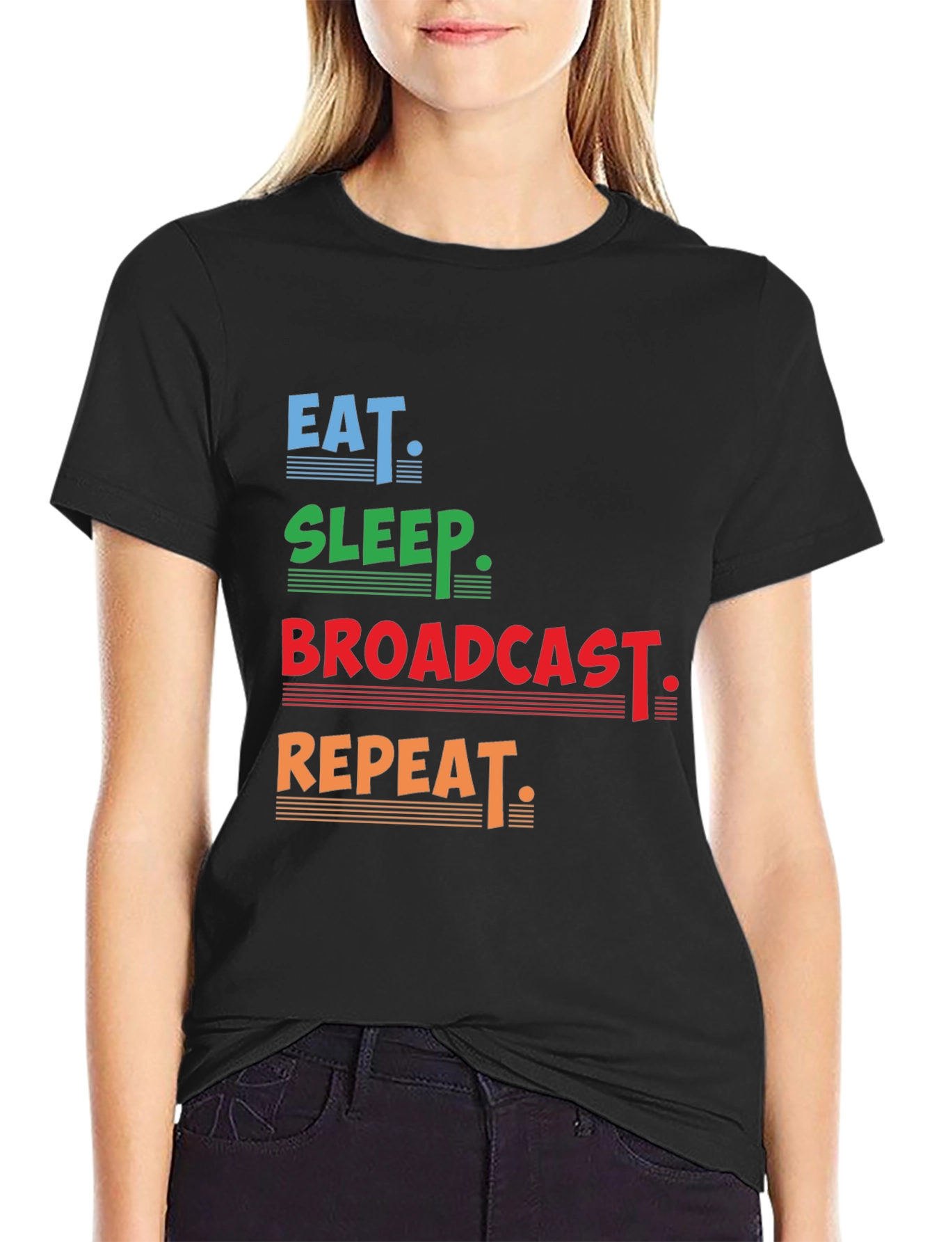 Eat Sleep Broadcast Repeat Black T-Shirt