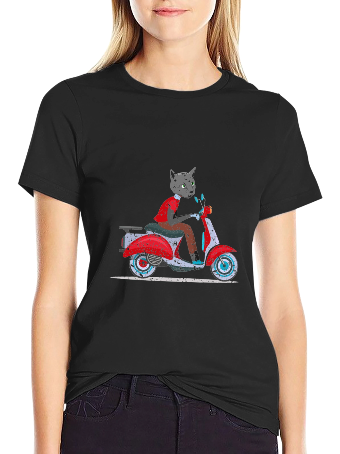 Cat on Scooter Graphic Tee - Black T-Shirt
