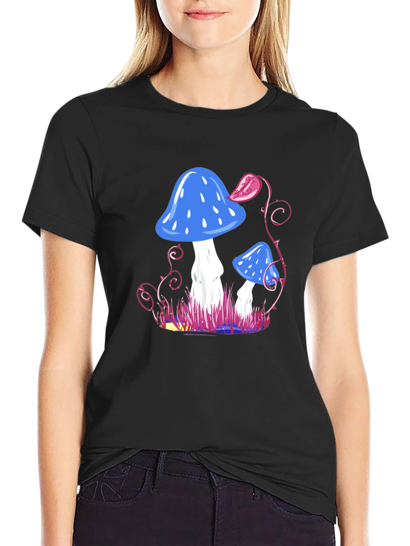 Mushroom Fantasy Graphic Tee - Black Cotton