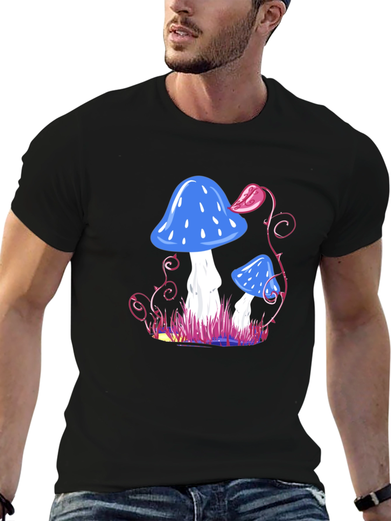 Mushroom Fantasy Graphic Tee - Black Cotton