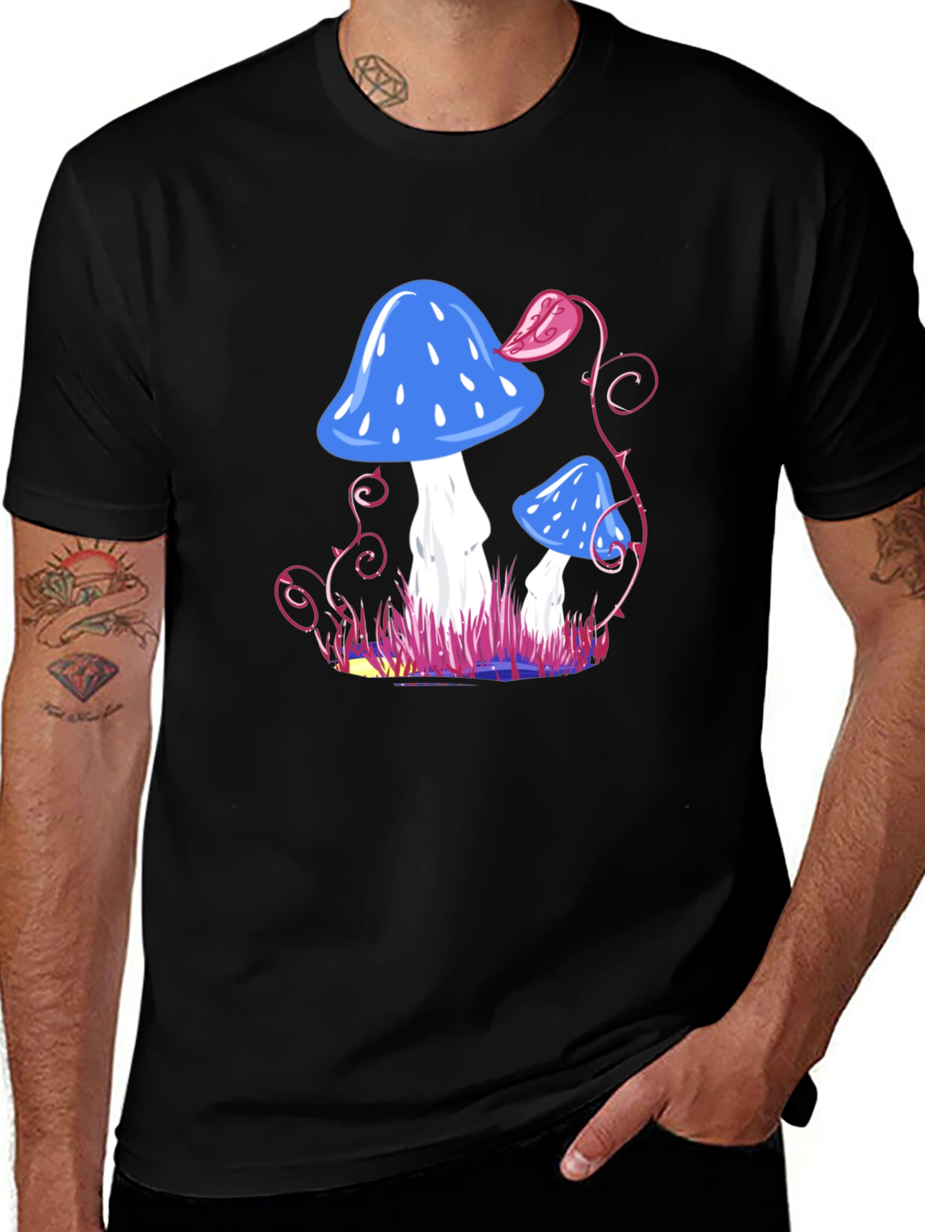 Mushroom Fantasy Graphic Tee - Black Cotton