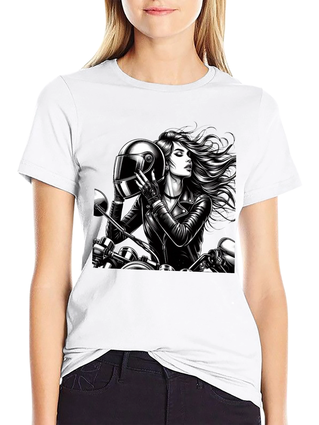 Biker Girl Graphic Tee - Black Cotton T-Shirt