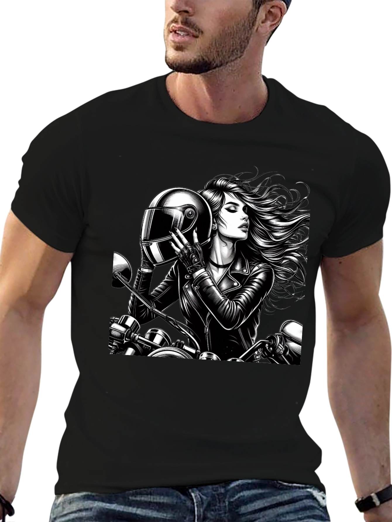 Biker Girl Graphic Tee - Black Cotton T-Shirt