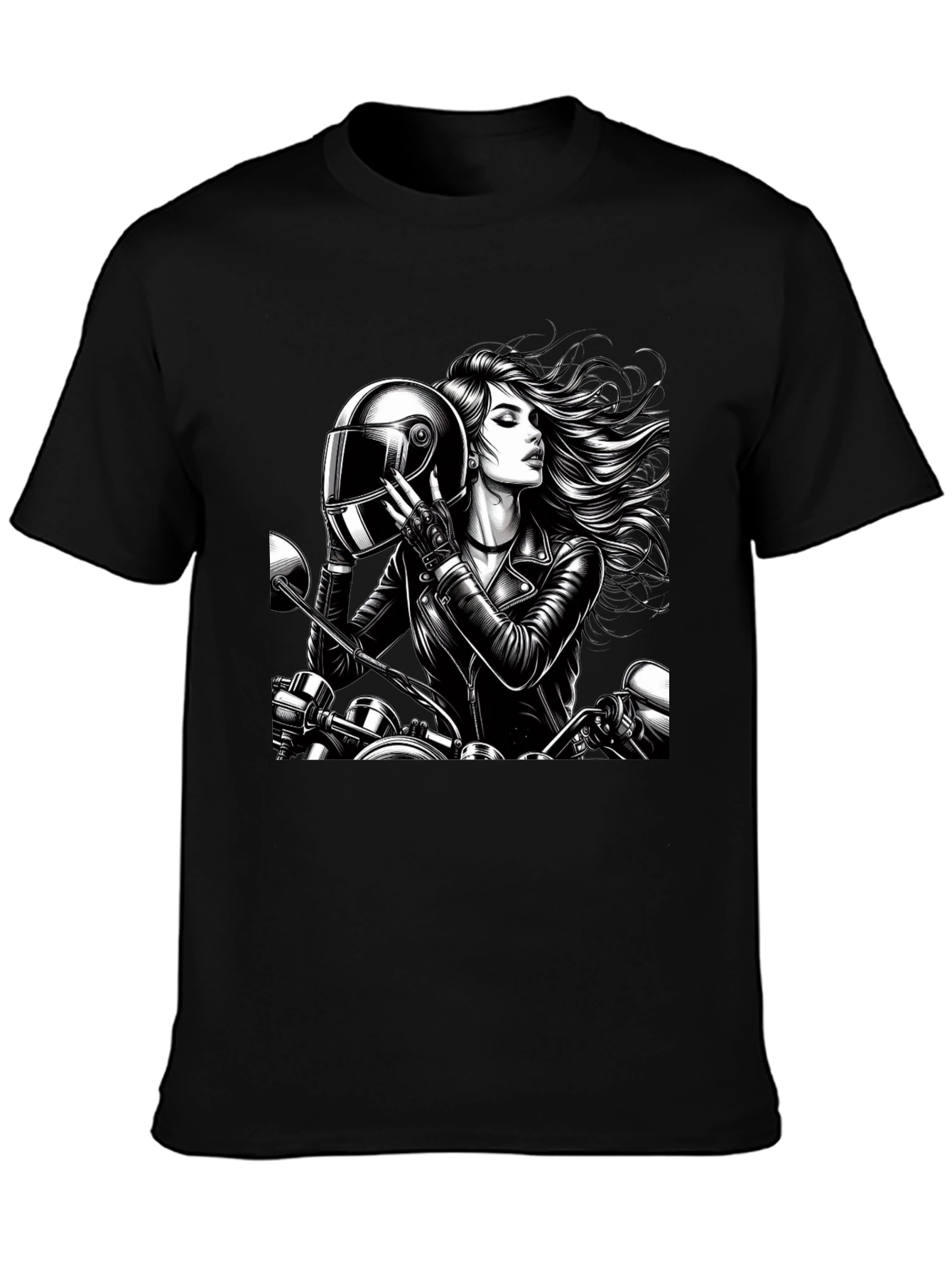Biker Girl Graphic Tee - Black Cotton T-Shirt