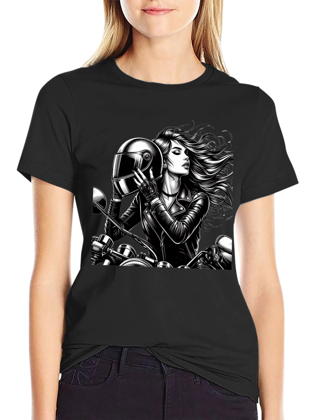 Biker Girl Graphic Tee - Black Cotton T-Shirt
