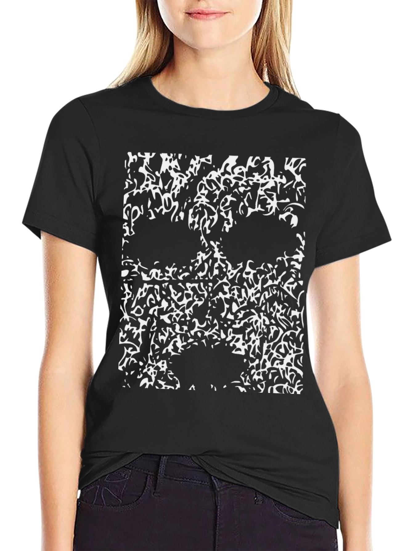 Abstract Skull Graphic T-Shirt - Black Cotton Tee