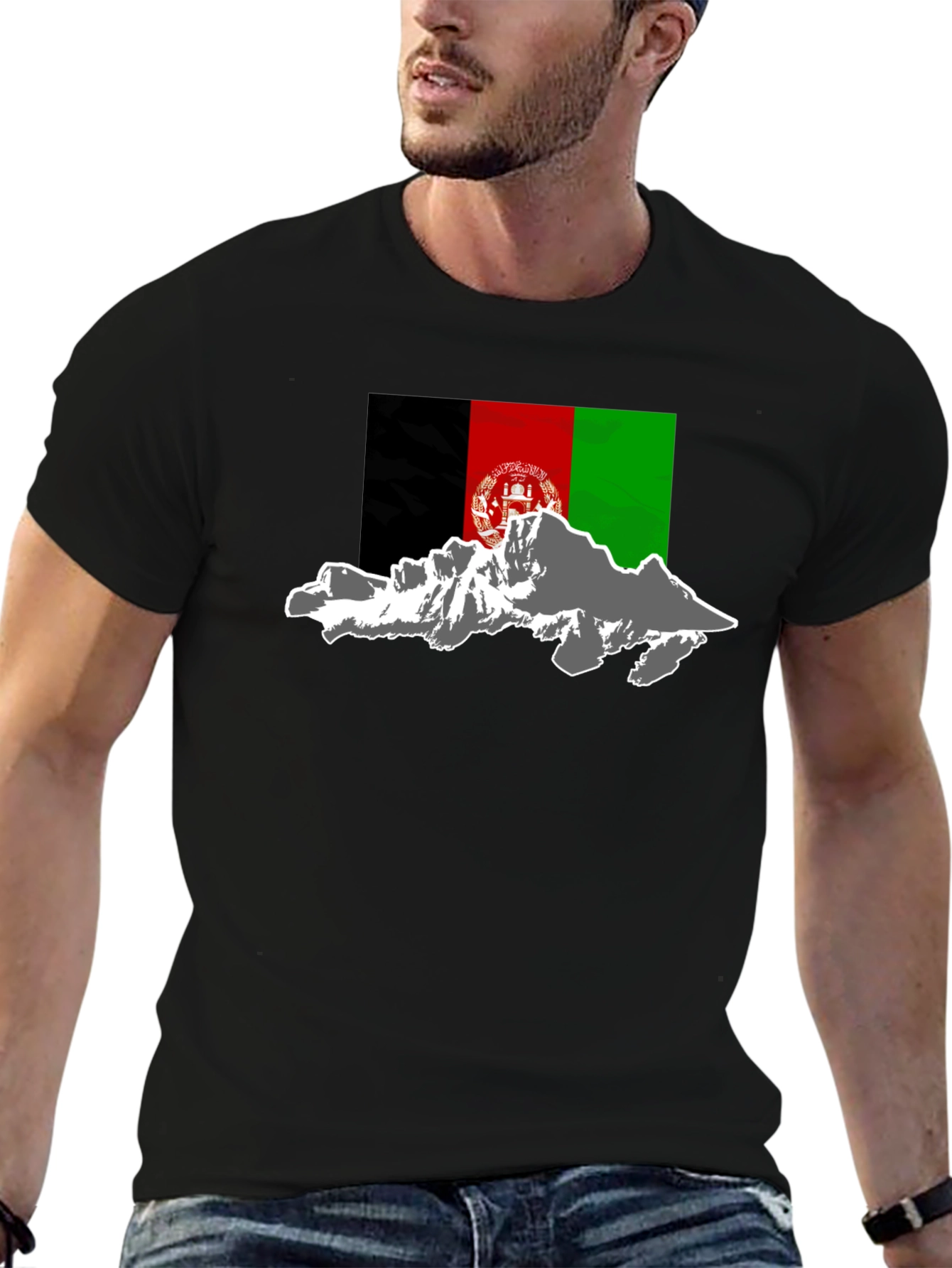 Afghanistan Flag & Mountains Black T-Shirt
