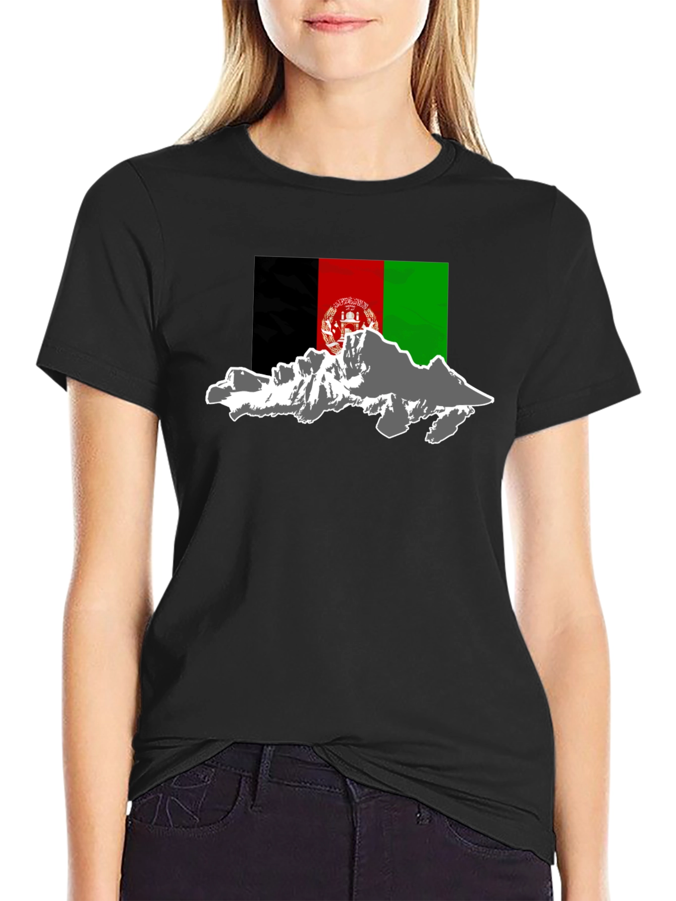 Afghanistan Flag & Mountains Black T-Shirt
