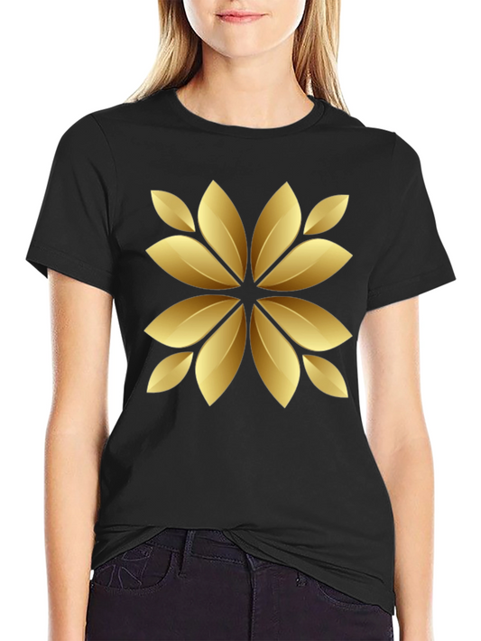 Golden Floral Print Black T-Shirt