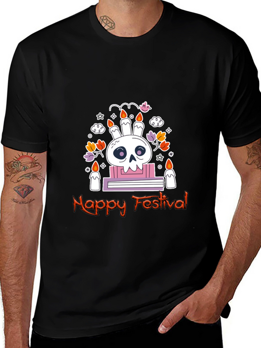 Happy Festival Skull Graphic T-Shirt - Black