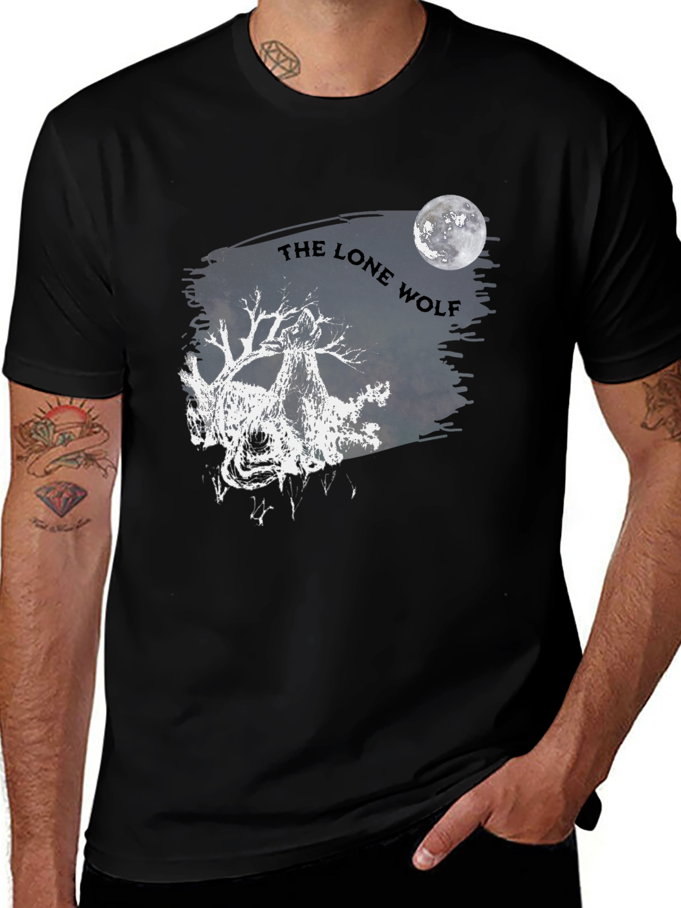 Lone Wolf Graphic T-Shirt - Moon Design Black Cotton