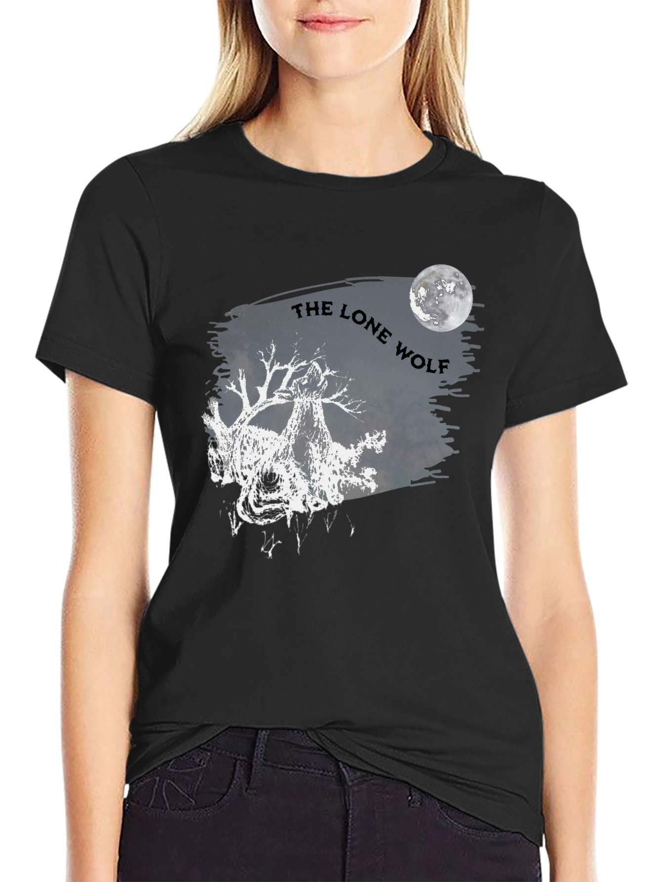 Lone Wolf Graphic T-Shirt - Moon Design Black Cotton