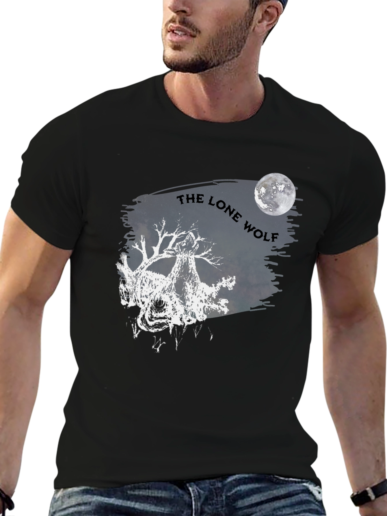 Lone Wolf Graphic T-Shirt - Moon Design Black Cotton