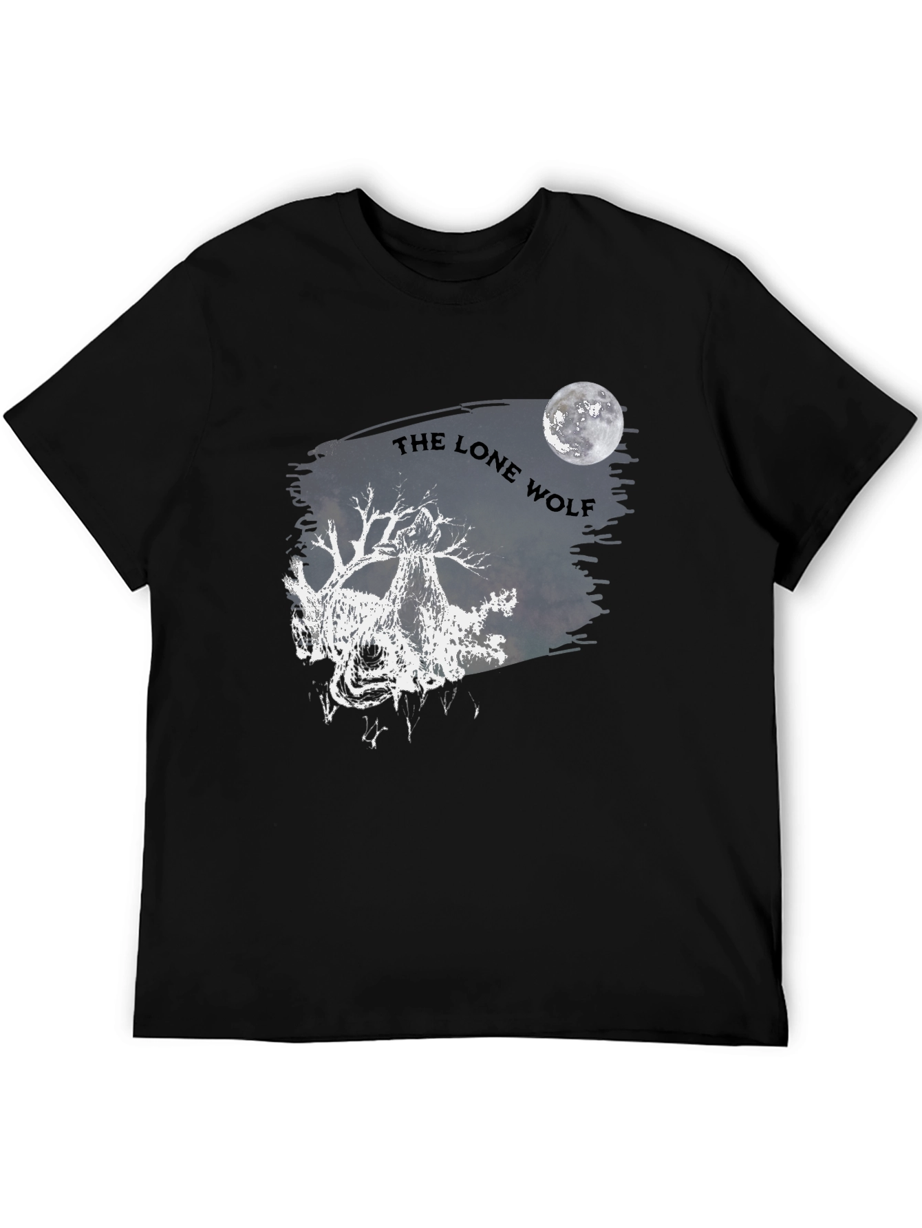 Lone Wolf Graphic T-Shirt - Moon Design Black Cotton