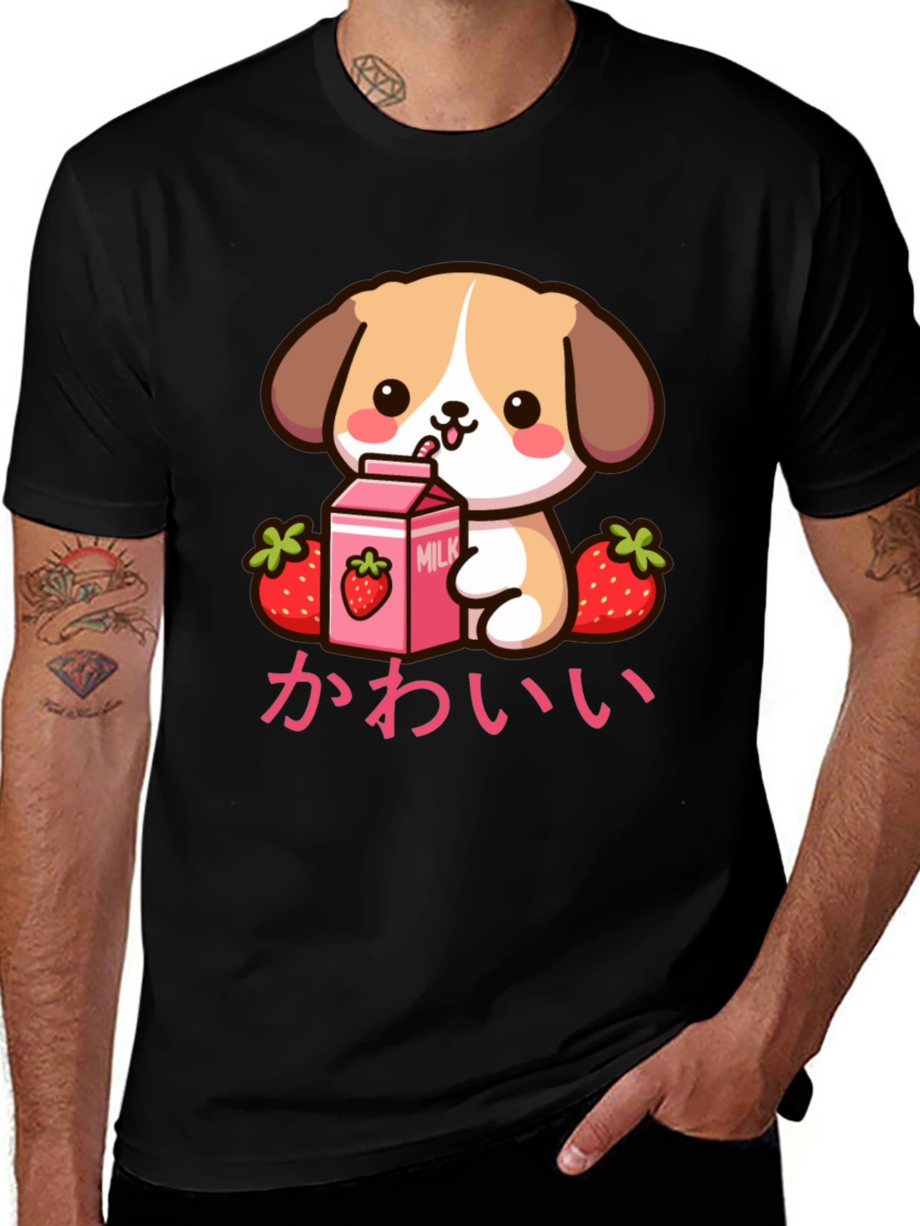 Kawaii Puppy Strawberry Milk Graphic T-Shirt