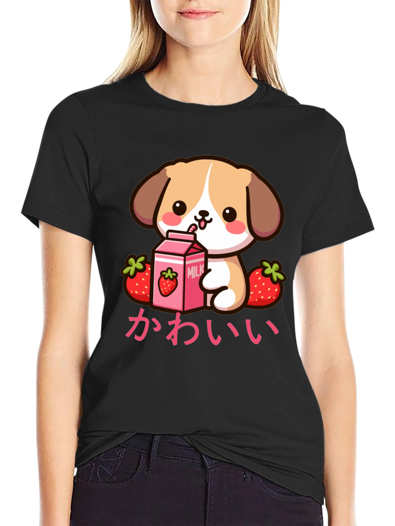 Kawaii Puppy Strawberry Milk Graphic T-Shirt