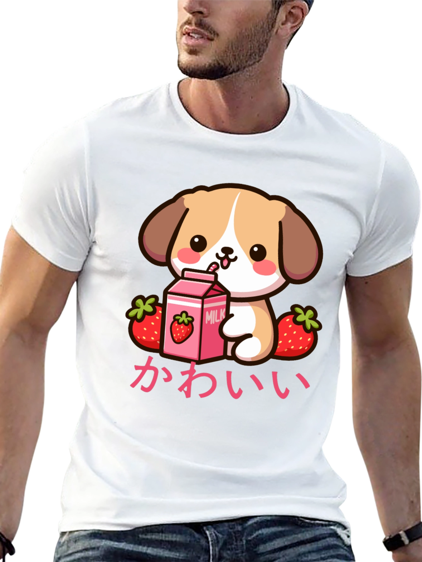 Kawaii Puppy Strawberry Milk Graphic T-Shirt