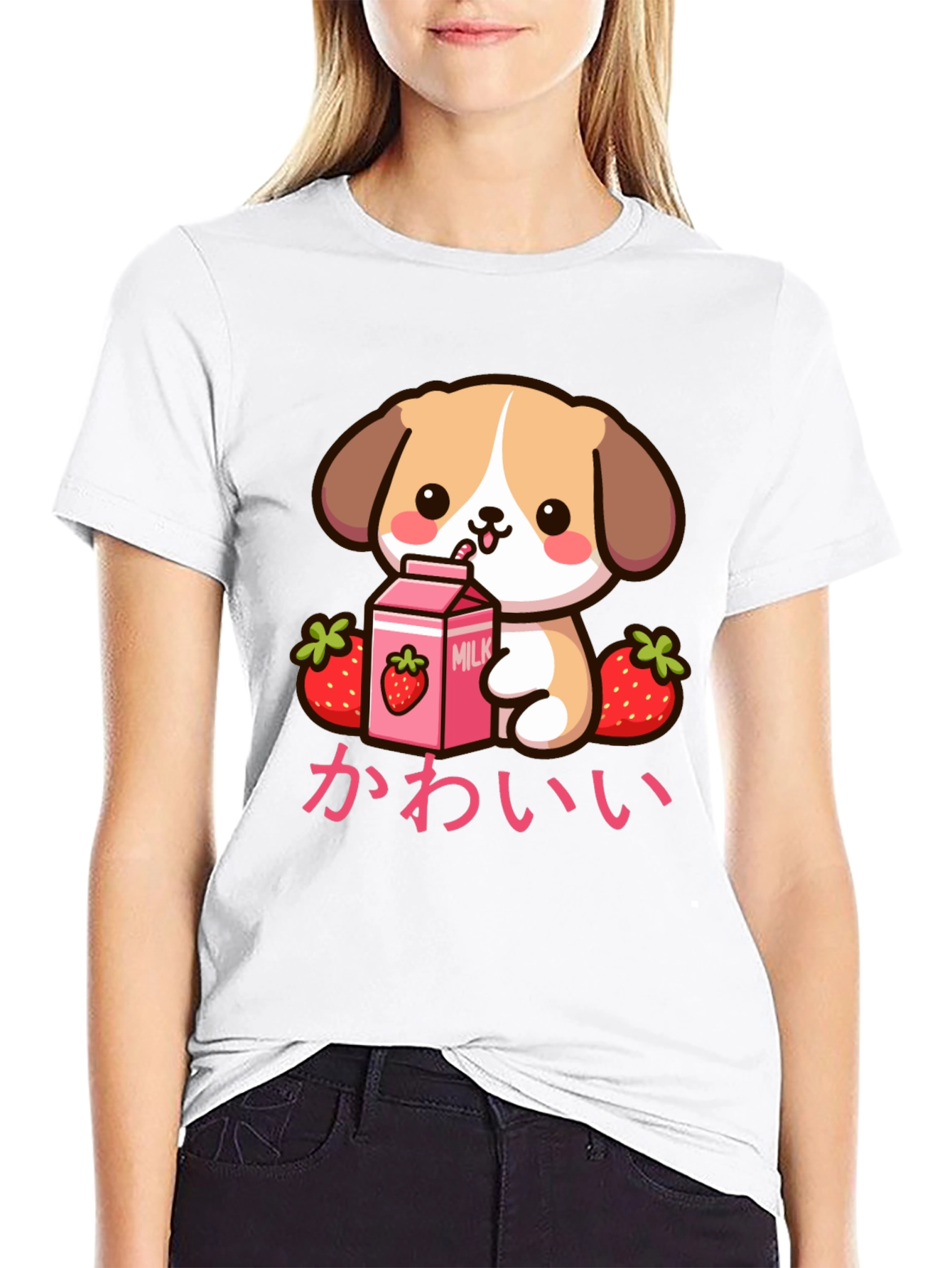 Kawaii Puppy Strawberry Milk Graphic T-Shirt
