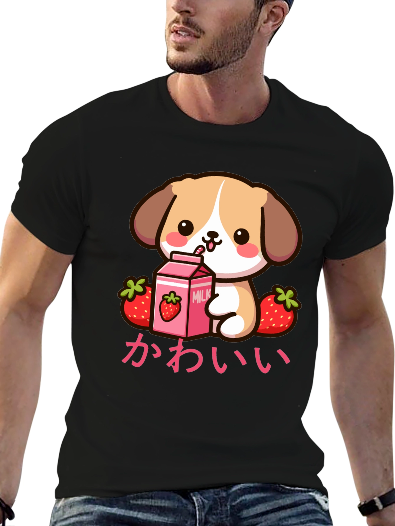 Kawaii Puppy Strawberry Milk Graphic T-Shirt