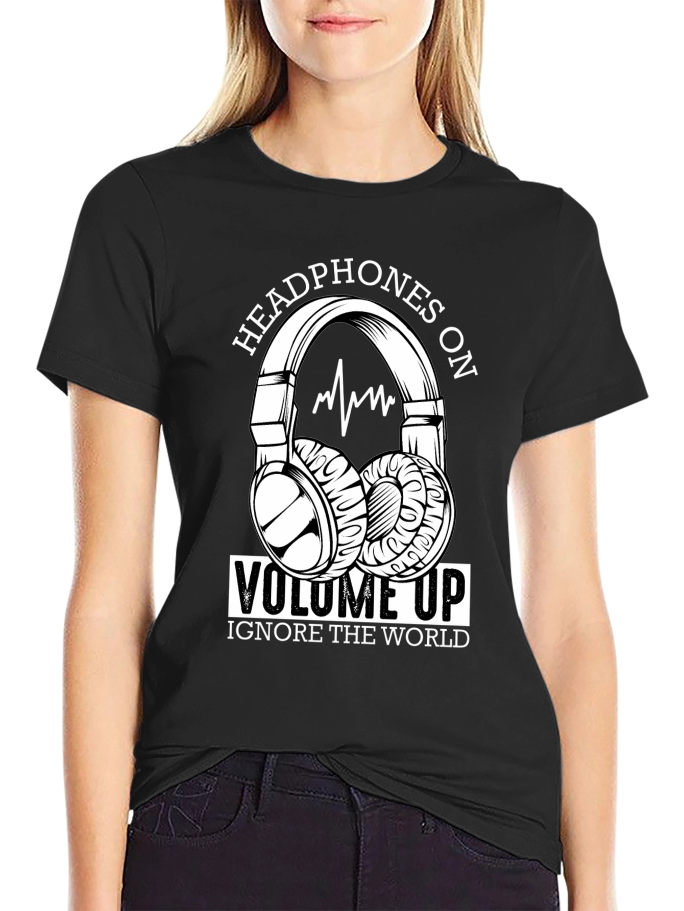 Headphones On Volume Up Black T-Shirt