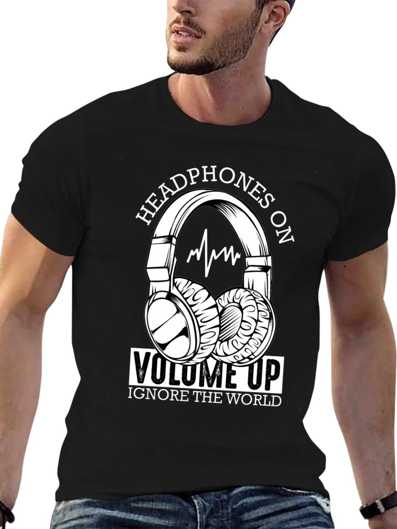 Headphones On Volume Up Black T-Shirt