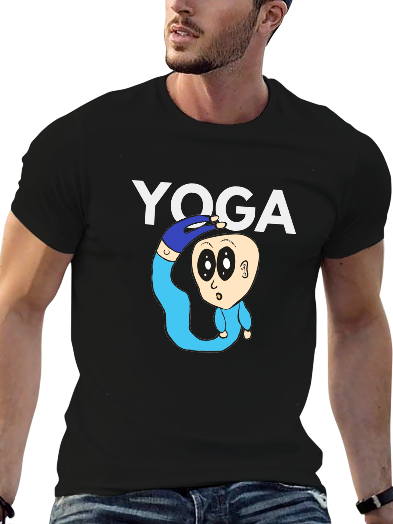 Yoga Cartoon Graphic Tee - Black Cotton T-Shirt