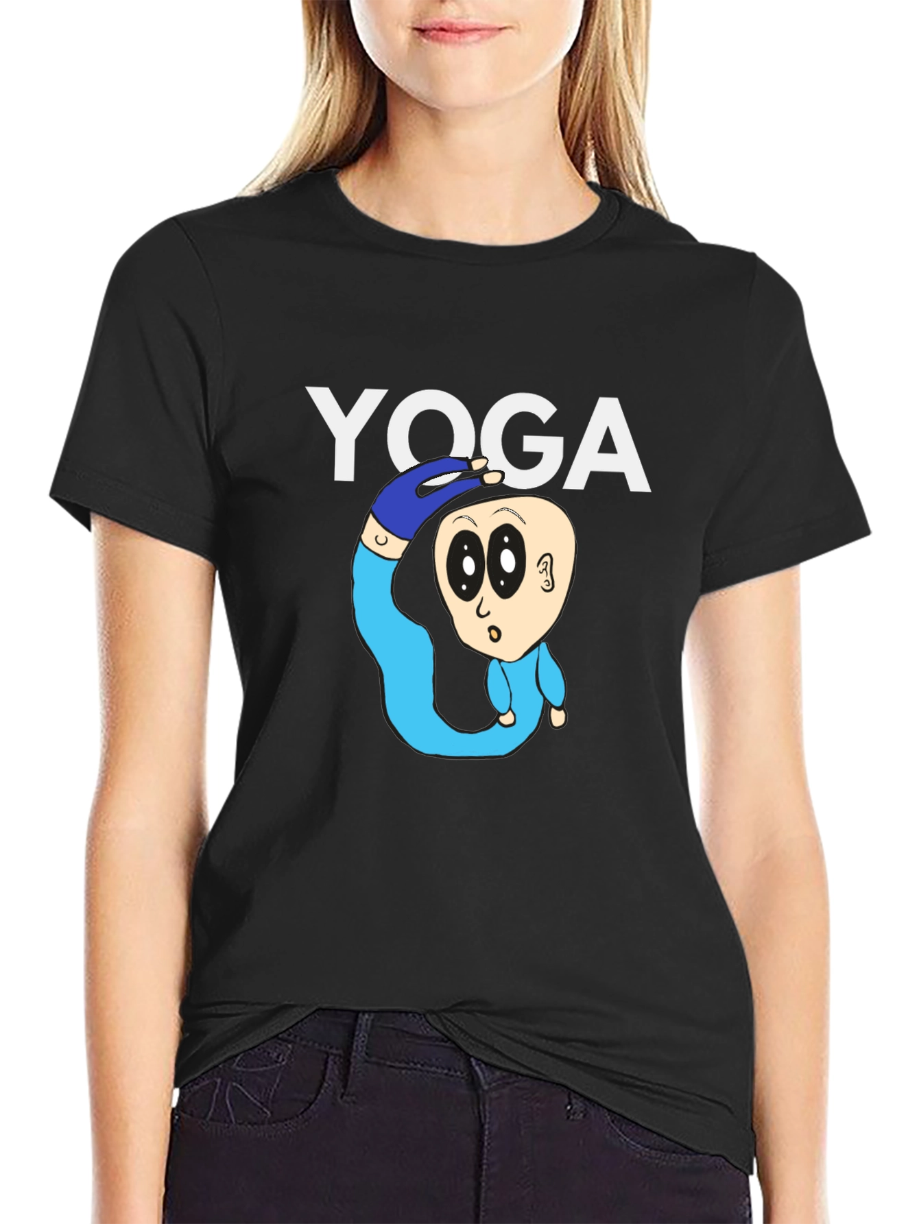 Yoga Cartoon Graphic Tee - Black Cotton T-Shirt