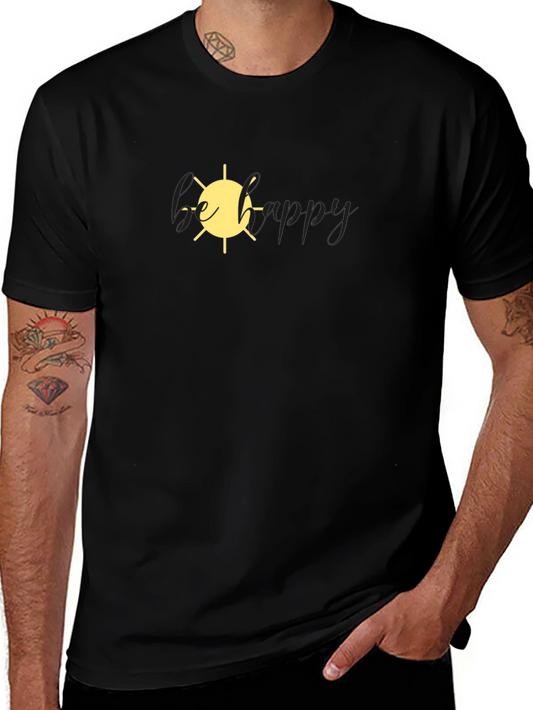 Be Happy Sun Graphic Tee - Black Cotton Casual T-Shirt