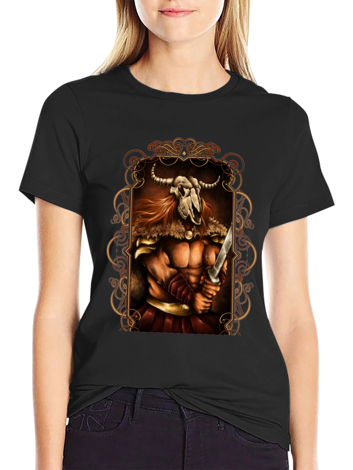 Viking Skull Warrior Graphic Tee - Black