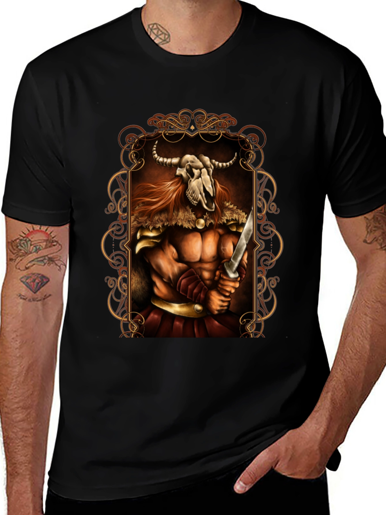 Viking Skull Warrior Graphic Tee - Black