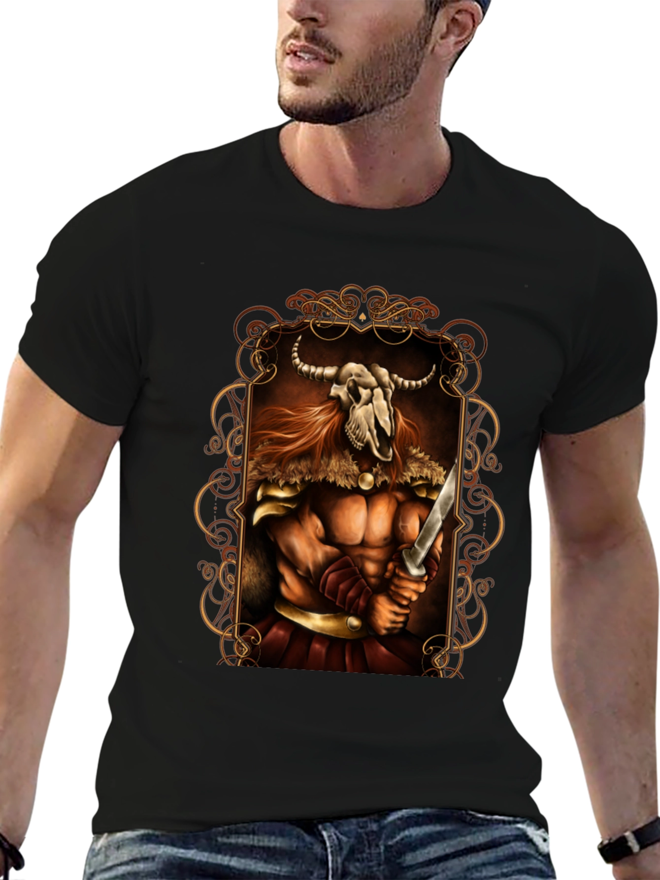 Viking Skull Warrior Graphic Tee - Black