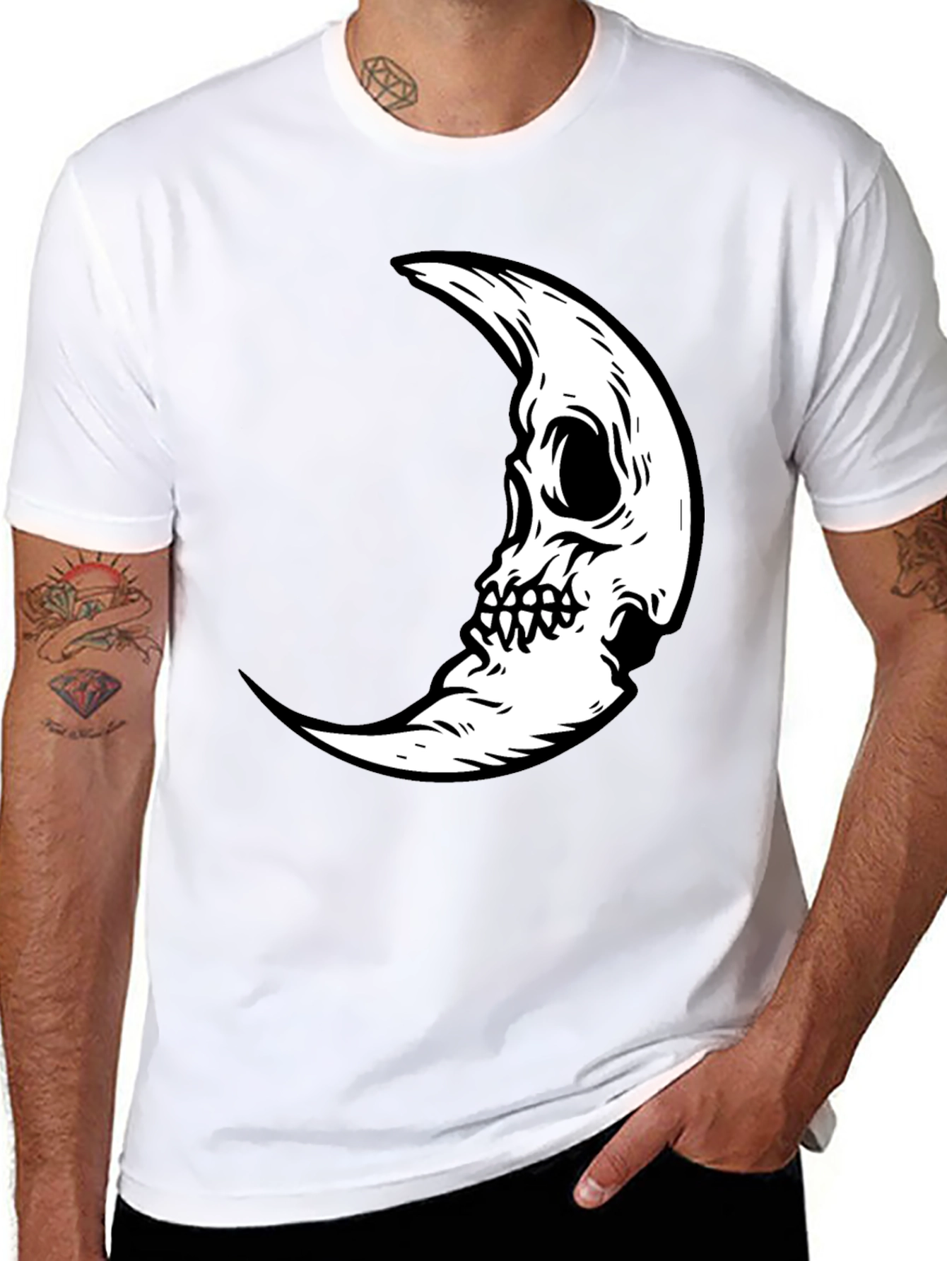 Skull Moon Graphic Tee - Black Cotton Casual T-Shirt