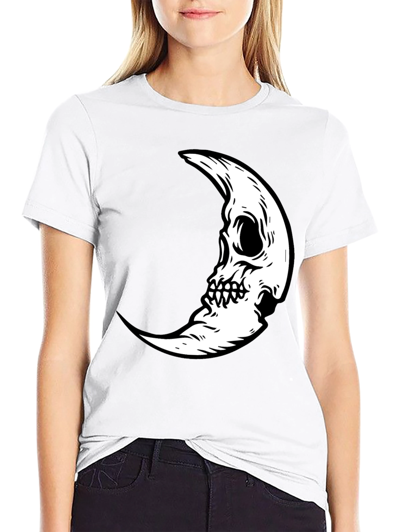 Skull Moon Graphic Tee - Black Cotton Casual T-Shirt