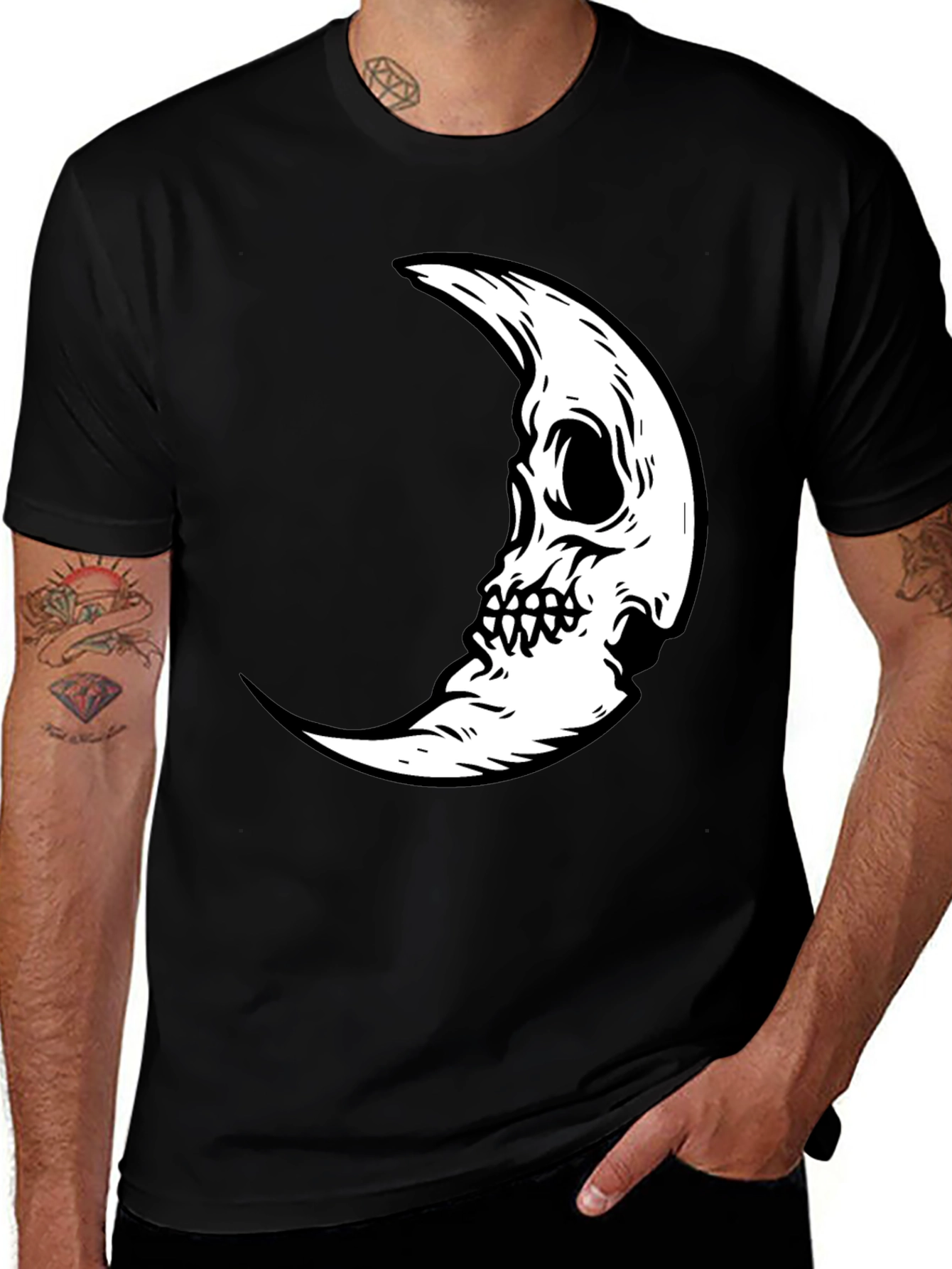 Skull Moon Graphic Tee - Black Cotton Casual T-Shirt