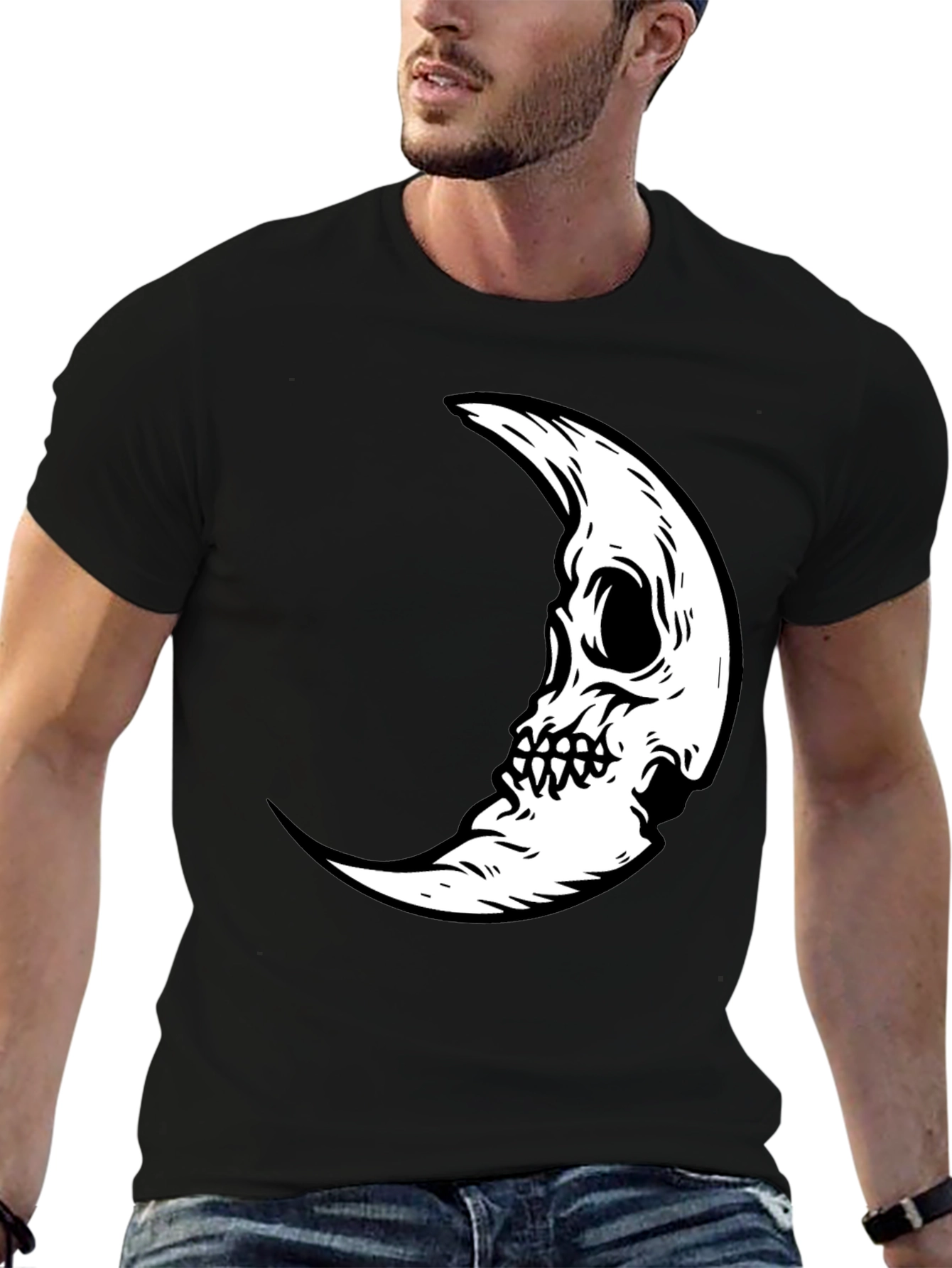 Skull Moon Graphic Tee - Black Cotton Casual T-Shirt