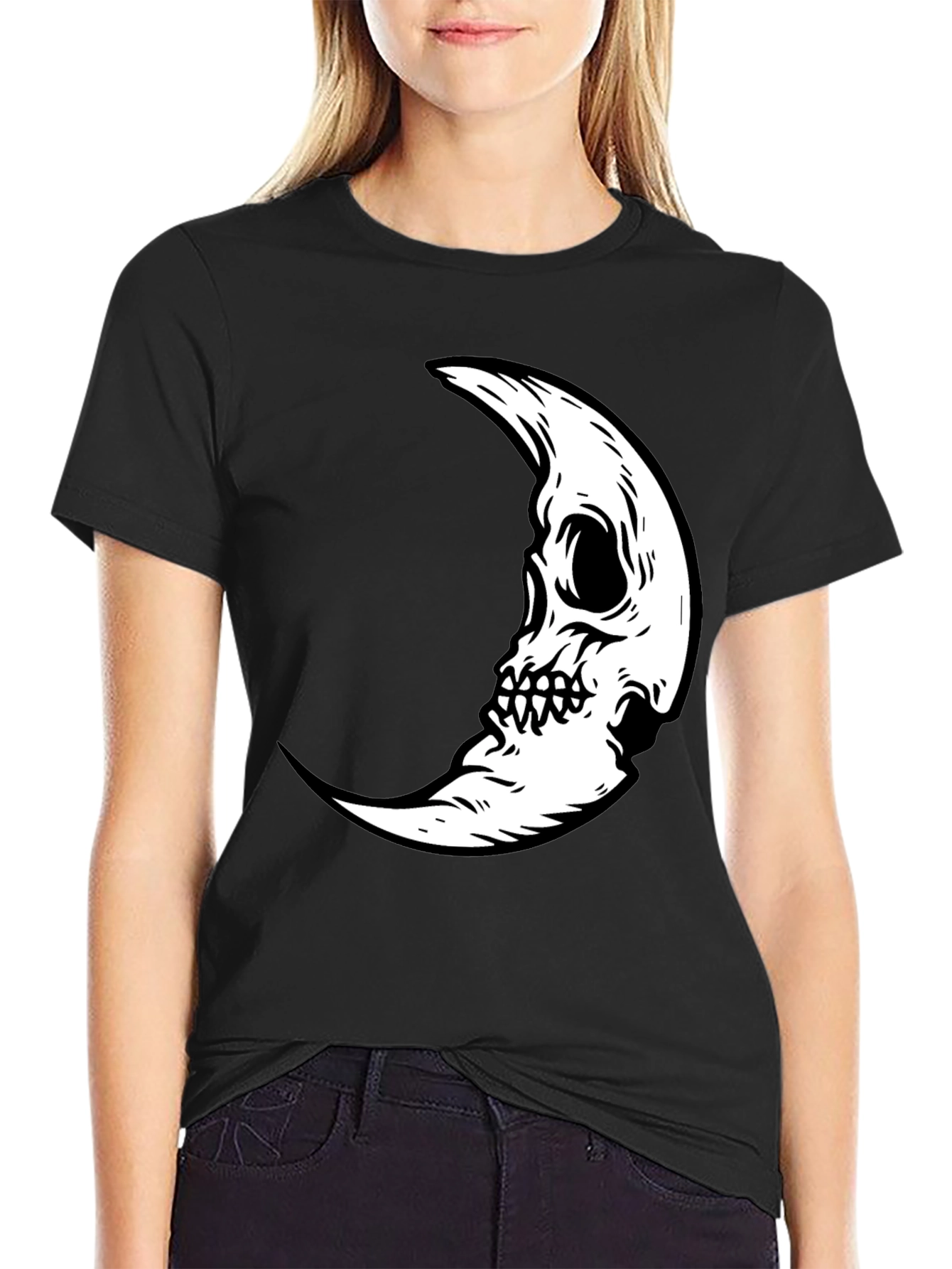 Skull Moon Graphic Tee - Black Cotton Casual T-Shirt